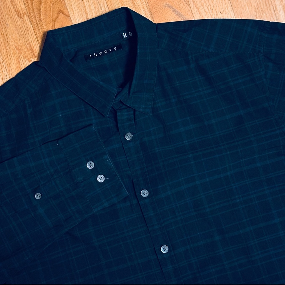 Theory Mens XL Navy Windowpane Plaid Cotton Long Sleeve Button Down Shirt